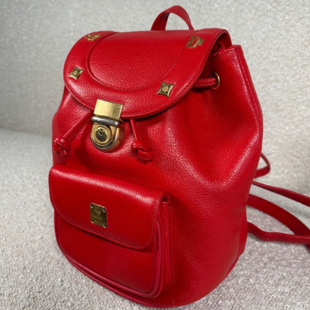 Authentic MCM Red Leather Studded Drawstring Backpack - Picture 3 of 10